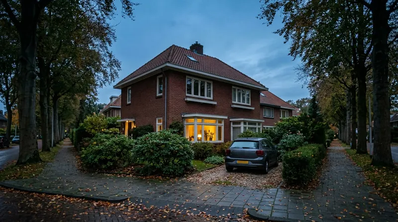 Jaren-dertigvilla aan een laan met beuken in de schemering, licht in de erker en een auto op de oprit