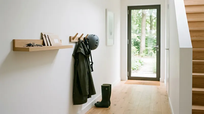 Lichte hal met een eikenhouten plank voor sleutels en post, een jas en fietshelm aan de kapstok, laarzen en een glazen voordeur naar de tuin