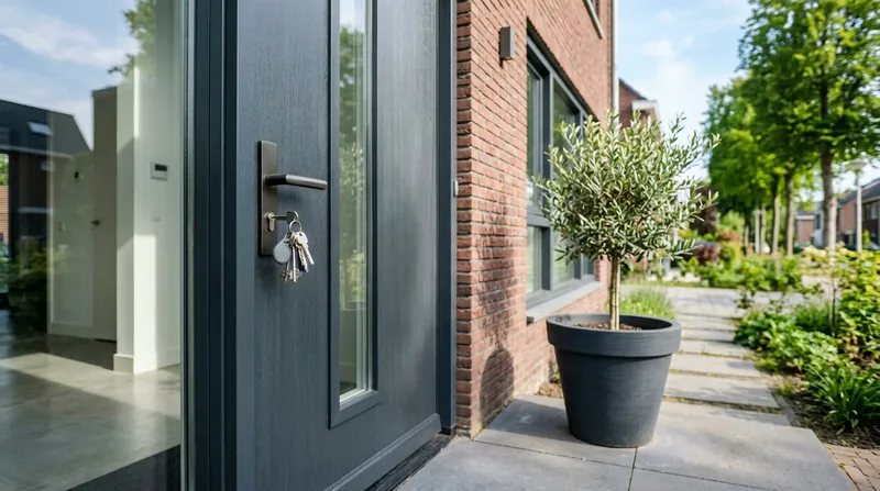 Sleutelbos in het slot van een donkergrijze voordeur van een bakstenen huis, met een olijfboompje in een pot op het pad
