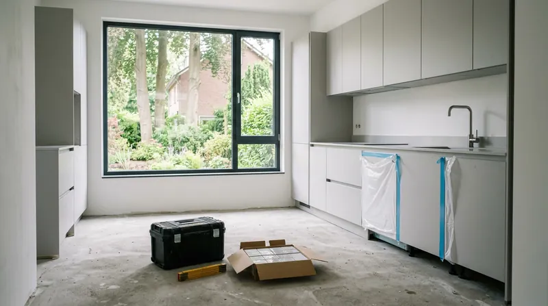 Nieuwe keuken in aanbouw met kastjes in folie, een gereedschapskist en een doos tegels op de betonvloer