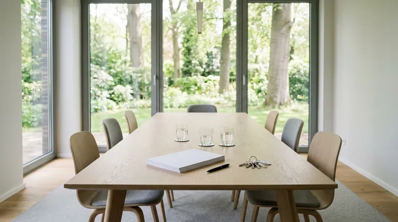 Lichte spreekkamer met een lange eikenhouten tafel, de akte, een pen, glazen water en een nieuwe sleutelbos