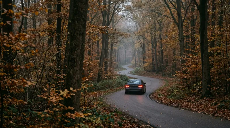Auto op een slingerende weg door het beukenbos van de Veluwezoom in de herfst