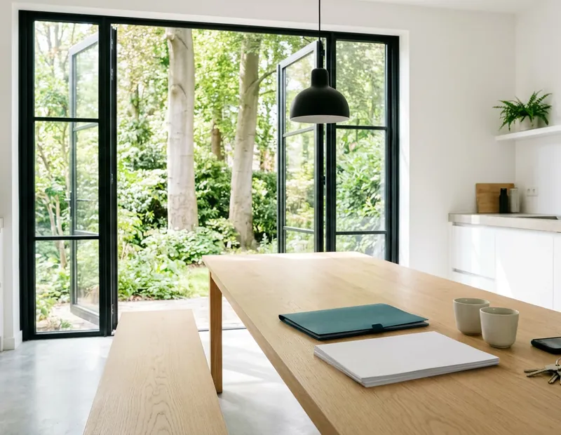 Eikenhouten tafel met papieren, een groenblauwe map, koffie en een sleutelbos in een lichte leefkeuken, met open stalen tuindeuren en beuken buiten