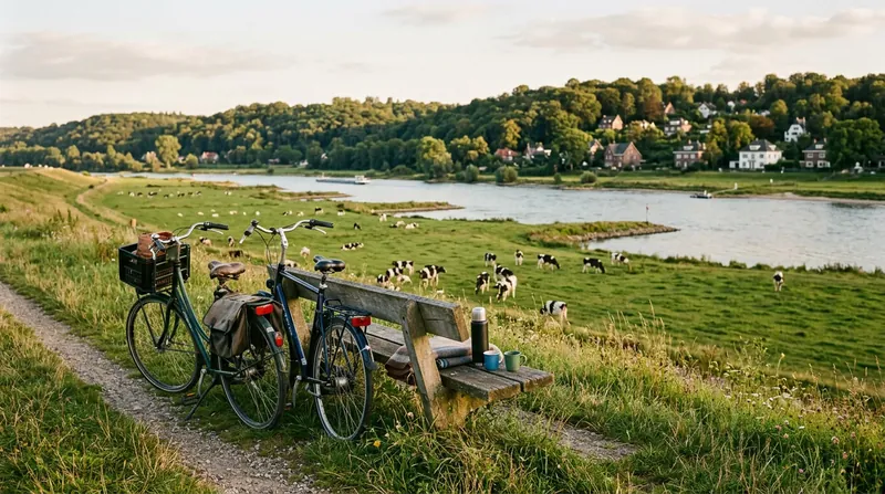 Twee fietsen bij een bankje op de dijk langs de Rijn bij Oosterbeek, met koeien in de uiterwaarden