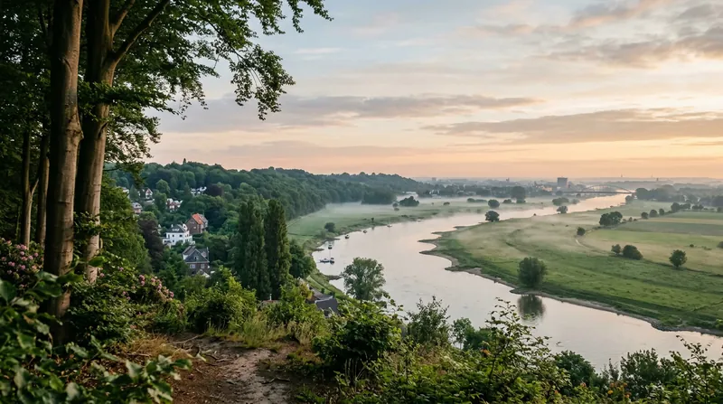 Uitzicht vanaf de Westerbouwing over de Rijn en de uiterwaarden bij zonsopkomst