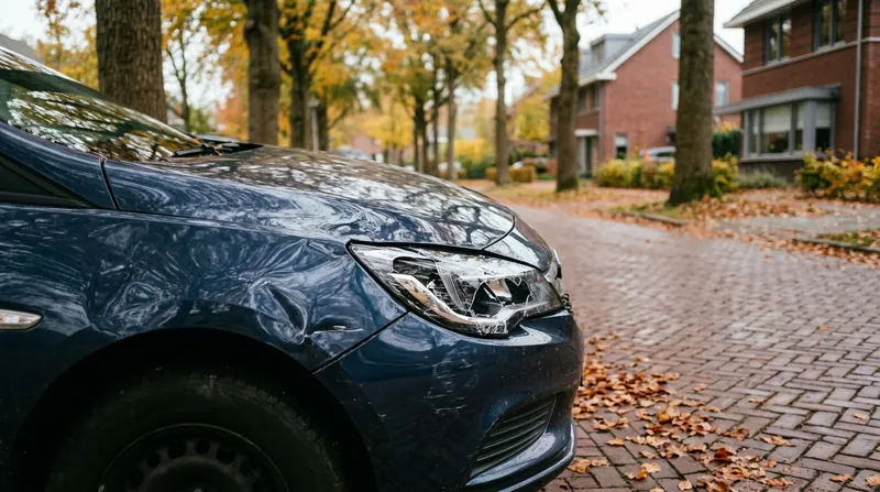 Gedeukt voorscherm en kapotte koplamp van een donkerblauwe auto in een straat met beuken in de herfst