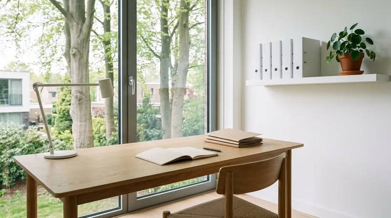 Lichte werkkamer met een eikenhouten bureau, een lamp en ordners op een plank, met uitzicht op de bomen