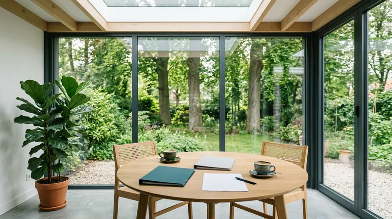 Lichte tuinkamer met een ronde eikenhouten tafel, twee mappen, papier en koffie, met uitzicht op een groene tuin