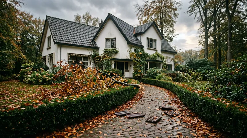 Voortuin van een witte villa na een herfststorm: gebroken dakpannen op het pad en een beukentak over de heg