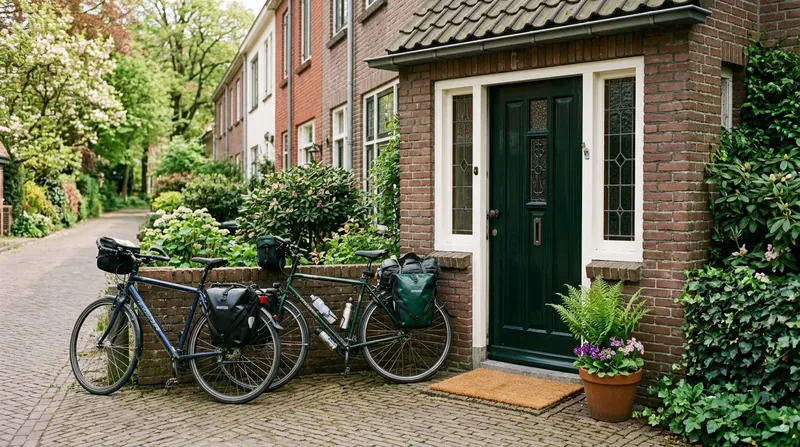 Twee fietsen met fietstassen voor de groene voordeur van een klein bakstenen huis