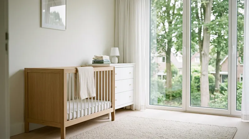 Lichte kinderkamer met een houten ledikant, een commode en grote ramen naar de tuin