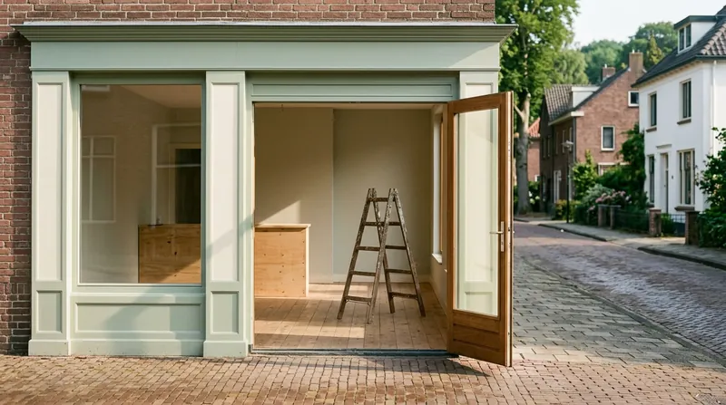 Lege, pas geschilderde winkel in een dorpsstraat met de deur open
