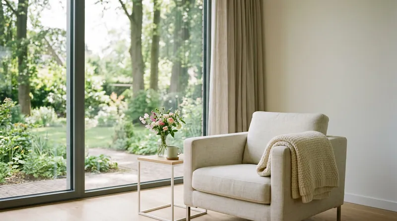 Lege fauteuil met een gevouwen plaid bij de tuindeuren, met bloemen op een bijzettafel