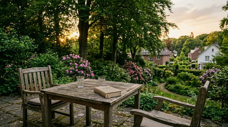 Tuintafel op het terras van een groene tuin in de avondzon, met twee glazen en een boek