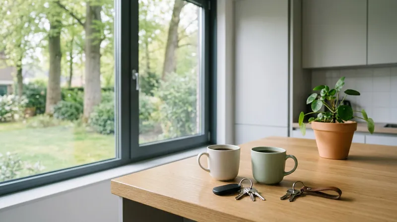 Twee bekers koffie en twee sleutelbossen op een eikenhouten tafel bij het raam, met een plant