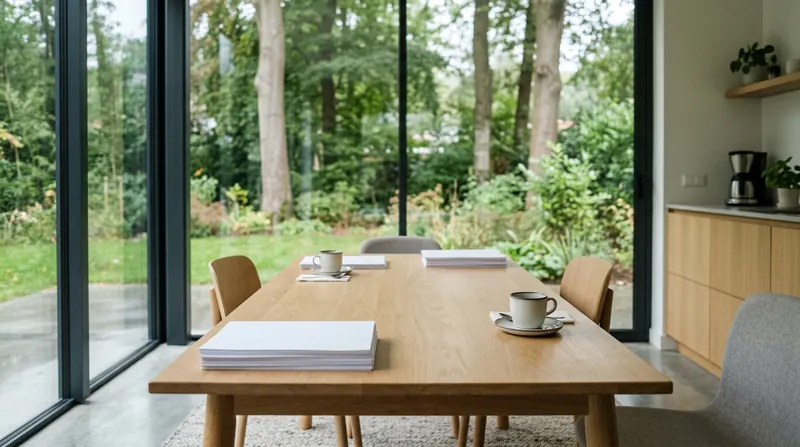Lange eikenhouten tafel met aan beide uiteinden een eigen stapel papier en een kop koffie
