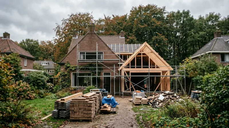 Achterkant van een jaren-dertighuis met steigers en een aanbouw in houtskelet