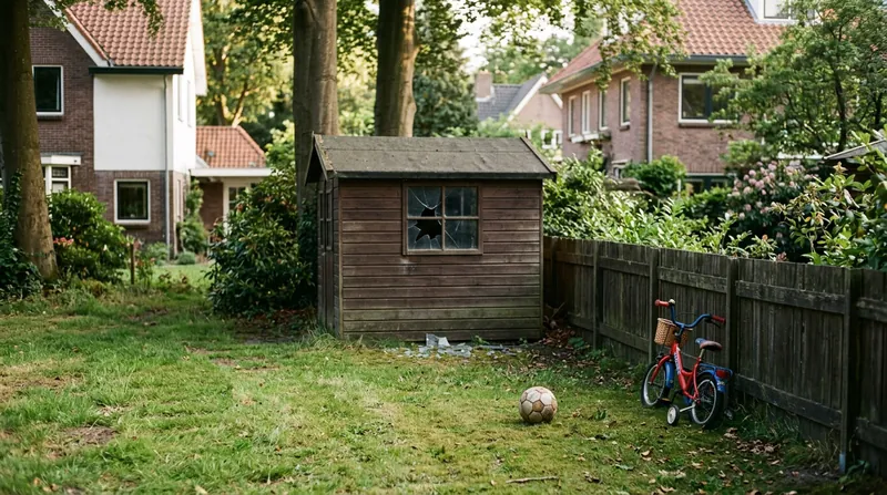 Voetbal in het gras bij een tuinhuisje met een gebarsten ruit en een kinderfiets