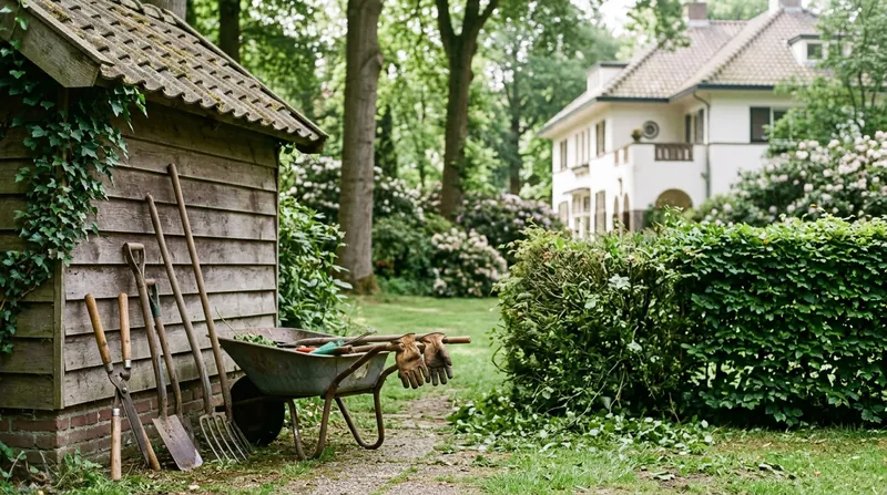 Kruiwagen, spades en werkhandschoenen bij een tuinhuis in een grote tuin
