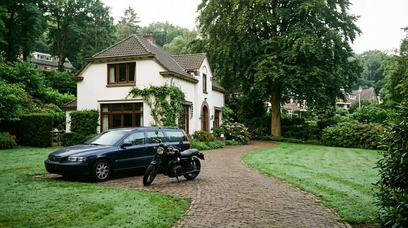 Auto en motor op de oprit van een witte villa in de ochtend