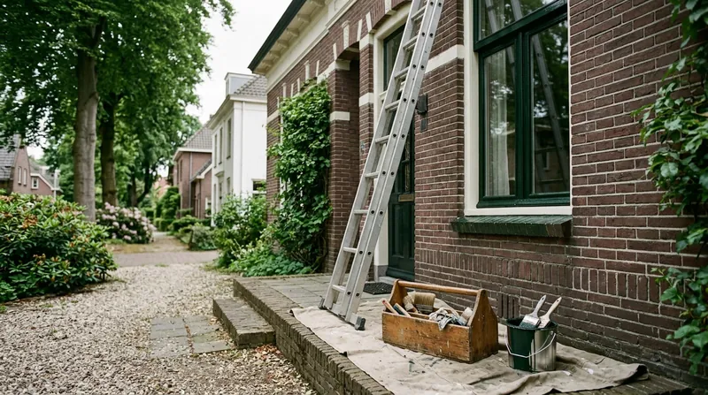 Ladder, gereedschapskist en verf bij een jaren-dertighuis tijdens een schilderklus