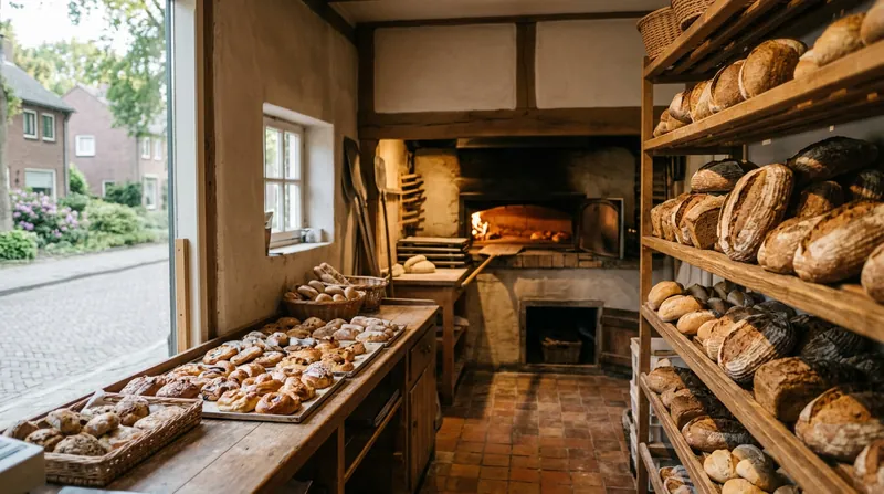 Kleine bakkerij in een winkelstraat vroeg in de ochtend, met brood in de schappen en de oven aan