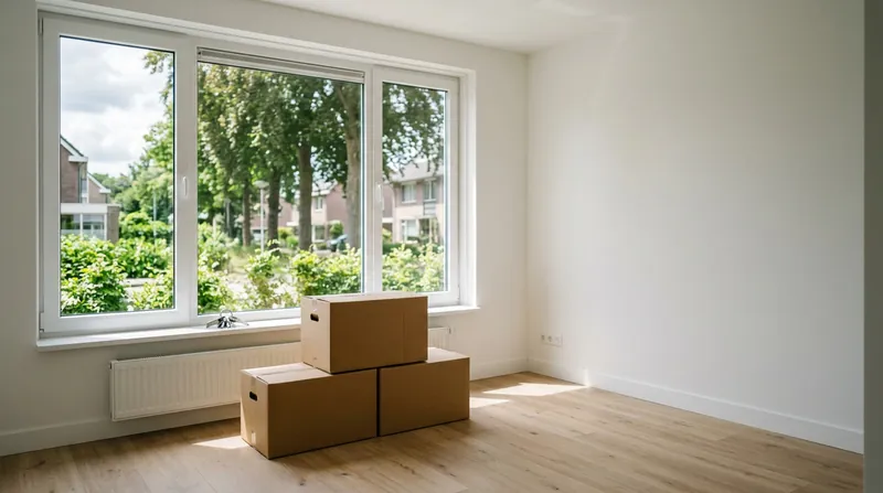 Lege, lichte woonkamer met drie verhuisdozen onder het raam