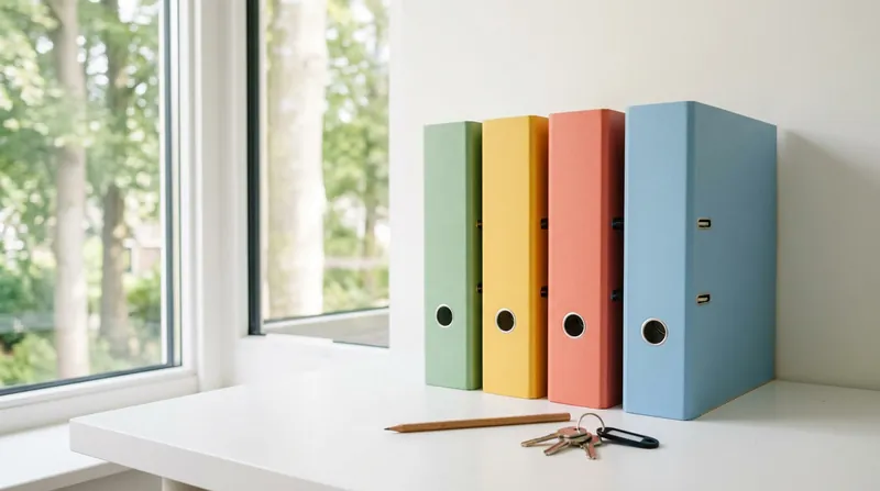Ordners in groen, geel, koraal en lichtblauw op een witte tafel, met een potlood en een sleutelbos