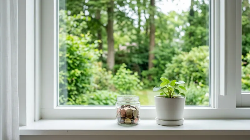 Glazen pot met munten en een jong plantje op een witte vensterbank, met de tuin erachter