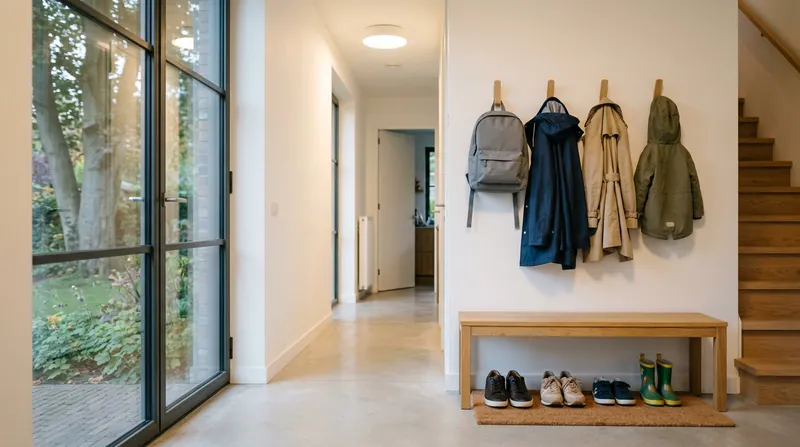 Hal van een gezinshuis met jassen en rugzakken aan de kapstok en schoenen in verschillende maten onder een bankje