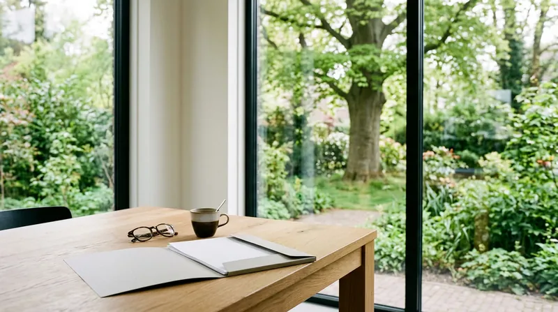 Eikenhouten tafel met papieren, een leesbril en koffie, met uitzicht op een grote boom in de tuin