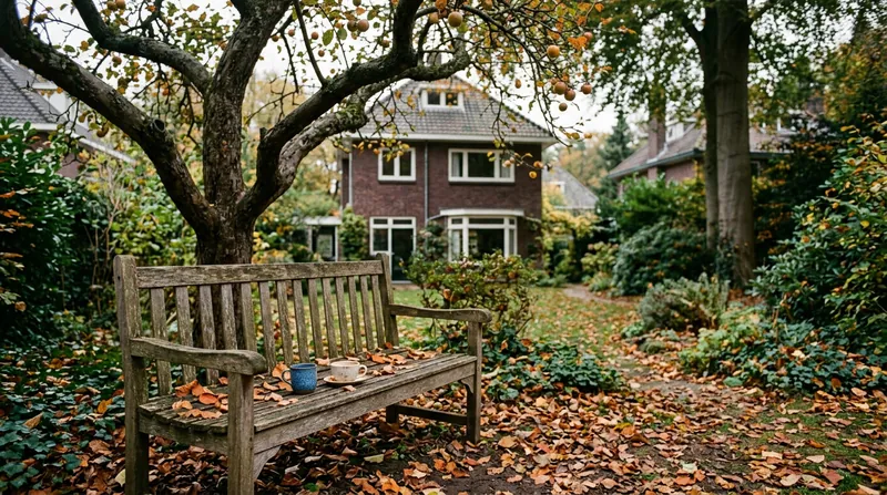 Tuinbank onder een appelboom met twee kopjes, in de herfst