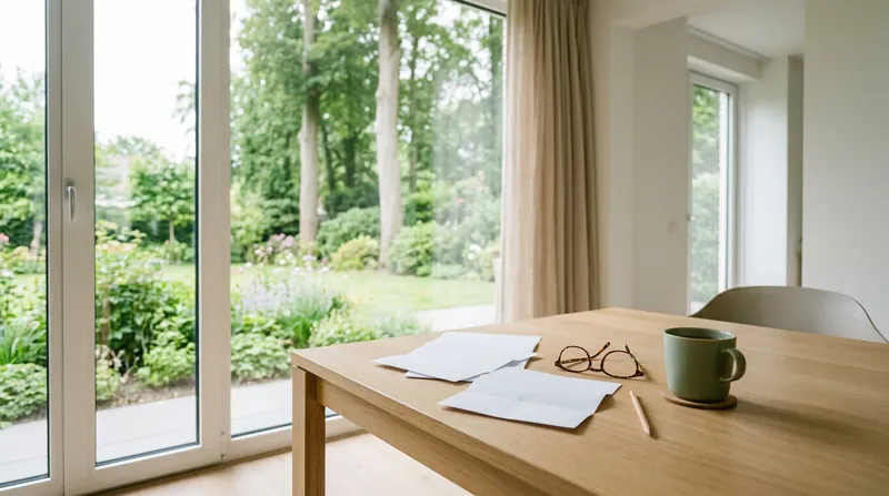 Eikenhouten tafel met een paar jaaroverzichten, een leesbril en koffie bij de tuindeuren