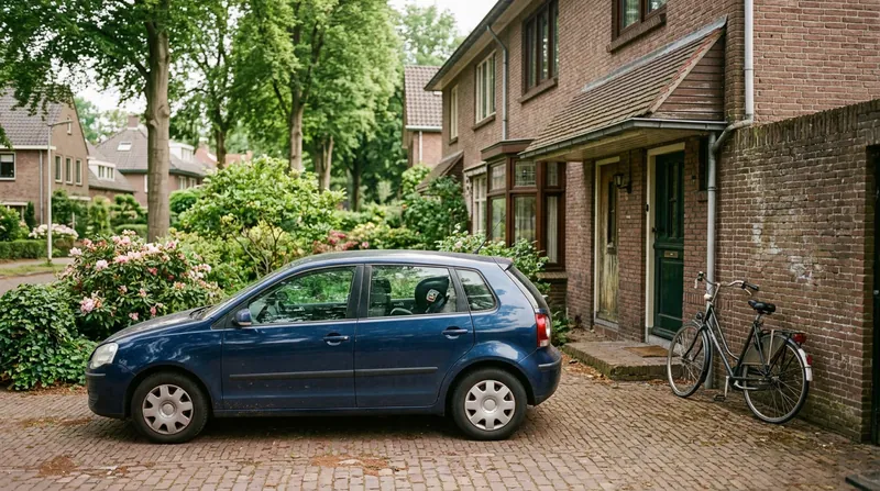 Gezinsauto op de oprit van een rijtjeshuis, met een fiets tegen de muur