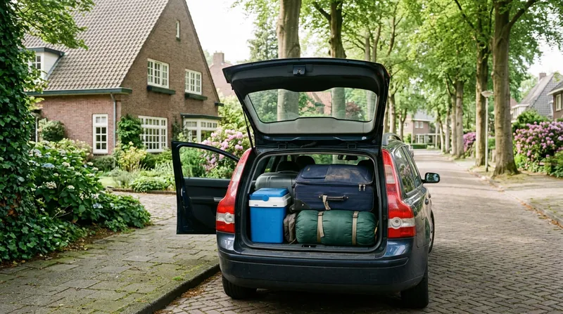 Volgepakte achterbak met koffers en een koelbox in een straat met bomen