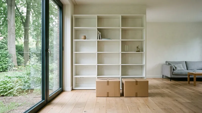 Half lege witte boekenkast met twee dichte dozen in een lichte woonkamer met uitzicht op de tuin