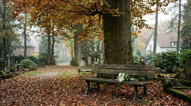 Bank onder een oude beuk aan de rand van een stille begraafplaats in de herfst, met witte bloemen