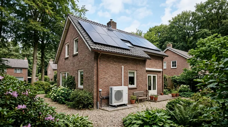 Bakstenen huis met zonnepanelen op het dak en een warmtepomp in de tuin