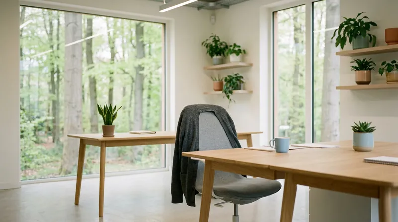 Licht kantoor met een leeg bureau en een vest over de stoel, met planten en uitzicht op bomen