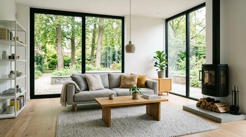 Lichte woonkamer met een bank, een open boekenkast, een houtkachel en grote ramen naar de tuin