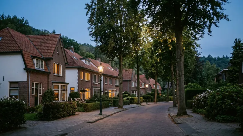Rij jaren-dertighuizen in de avond met licht achter de ramen